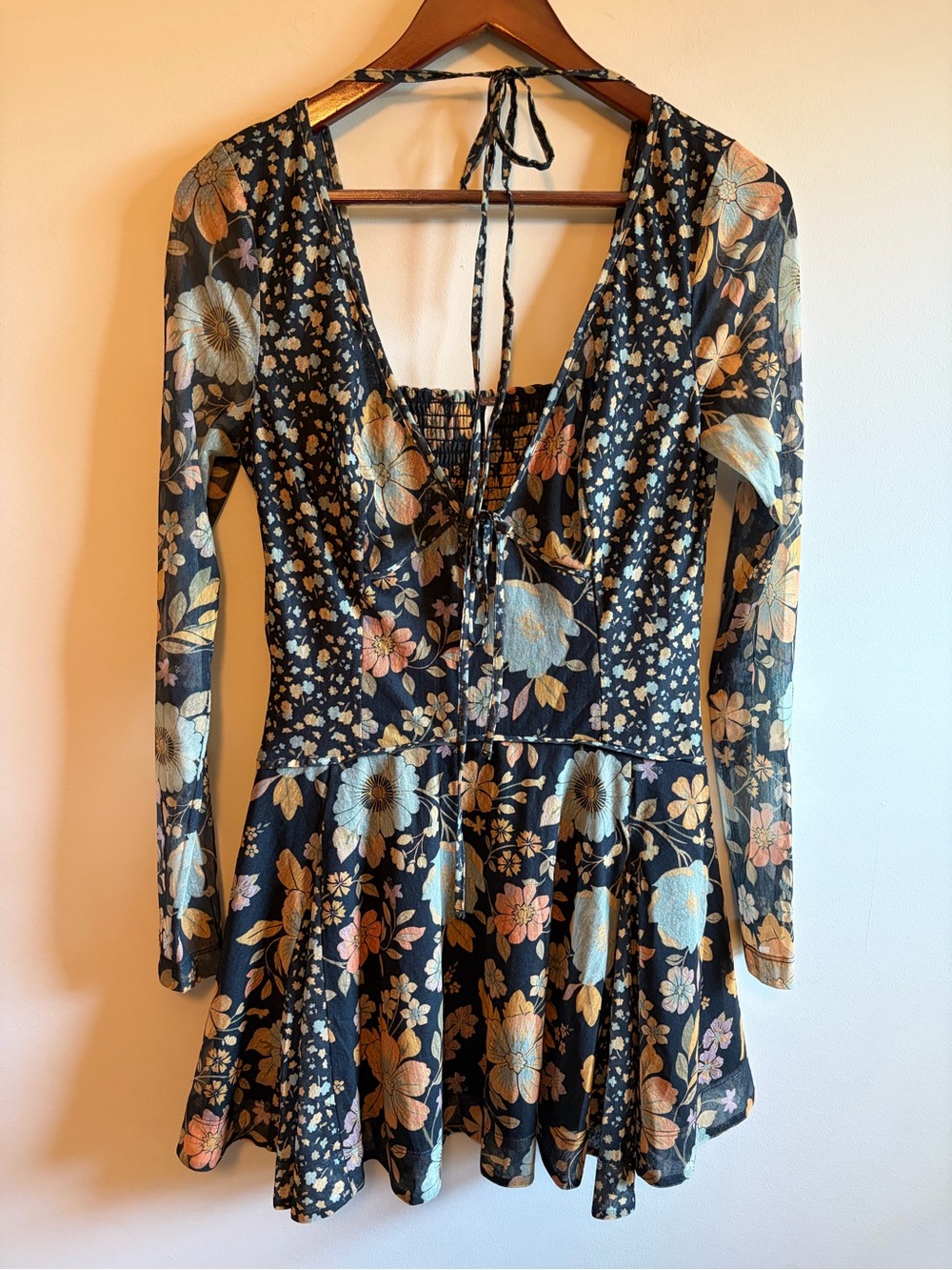 Free People Black Floral Long-Sleeve Smocked Mini Dress